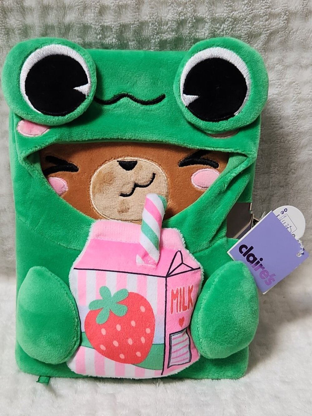 CLAIRE'S Brown Bear Frog Hoodie Strawberry Milk Journal Diary - NEW NWT